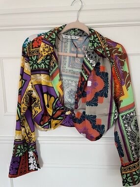 Zara Multi-Print Twist-Front Blouse in Green, Black, Peach